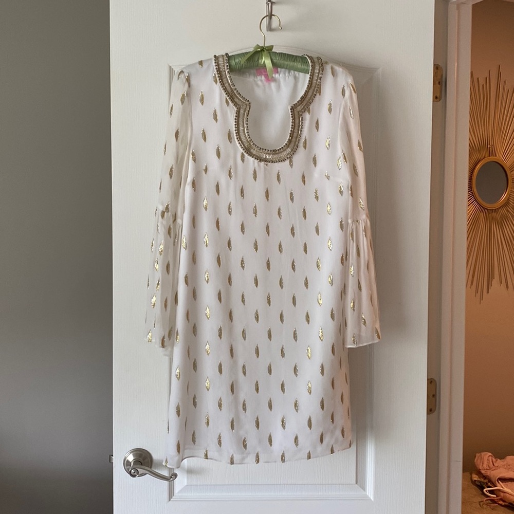 Lilly Pulitzer mini dress. White with gold/silver accents.  Bell sleeve. Size 4.